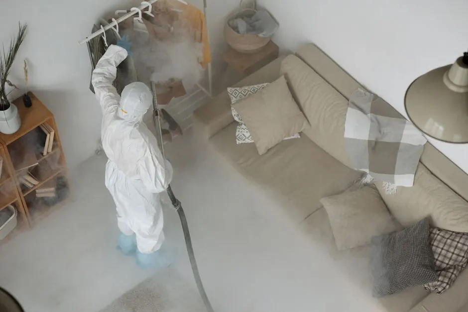 Person in protective gear sanitizing home interior for COVID-19 safety.